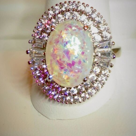 Oval Opal Cocktail Ring With Imitation Rhodium & CZ Halo Size 10 - Picture 1 of 5